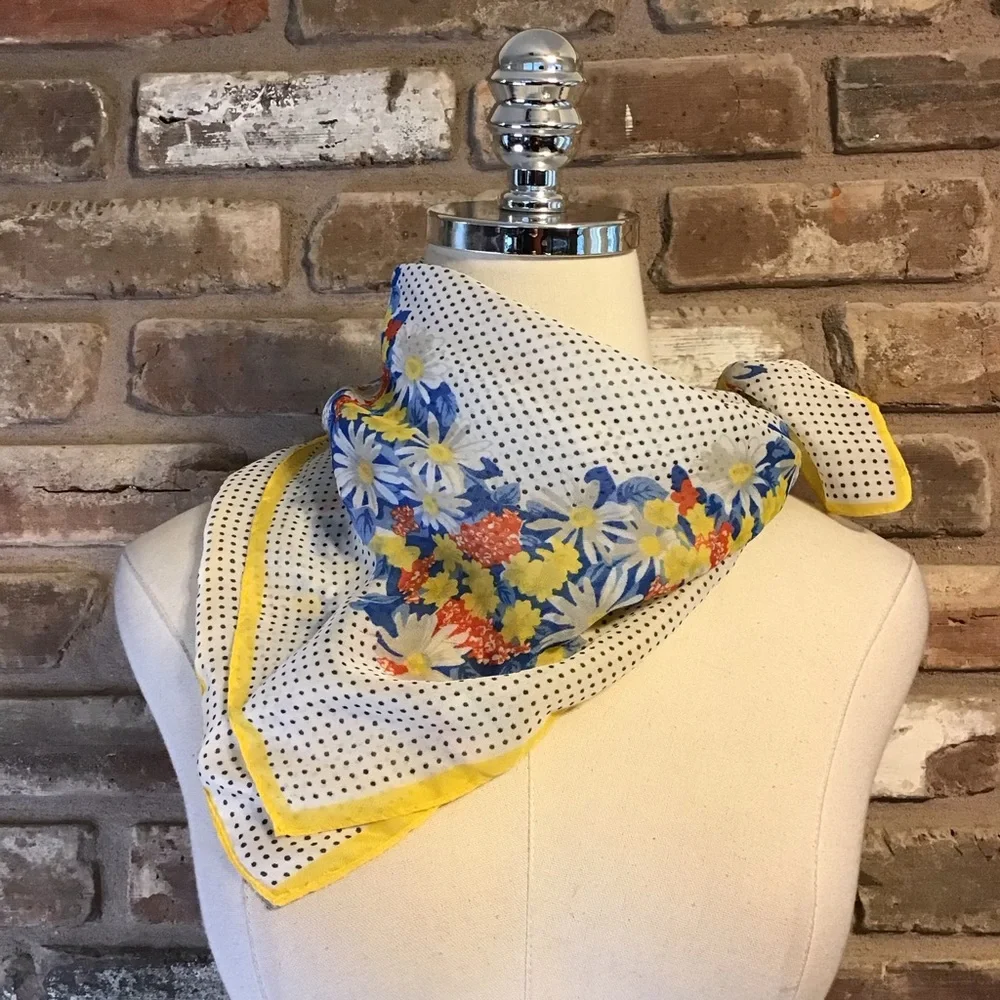 MORSLY Women's Vintage Italian Daisy Floral Yellow White Blue Polka Dot Scarf